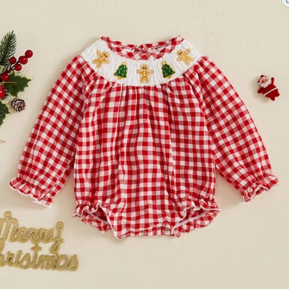 Boutique Christmas Gingerbread Man Baby Girls Bubble Romper Jumpsuit